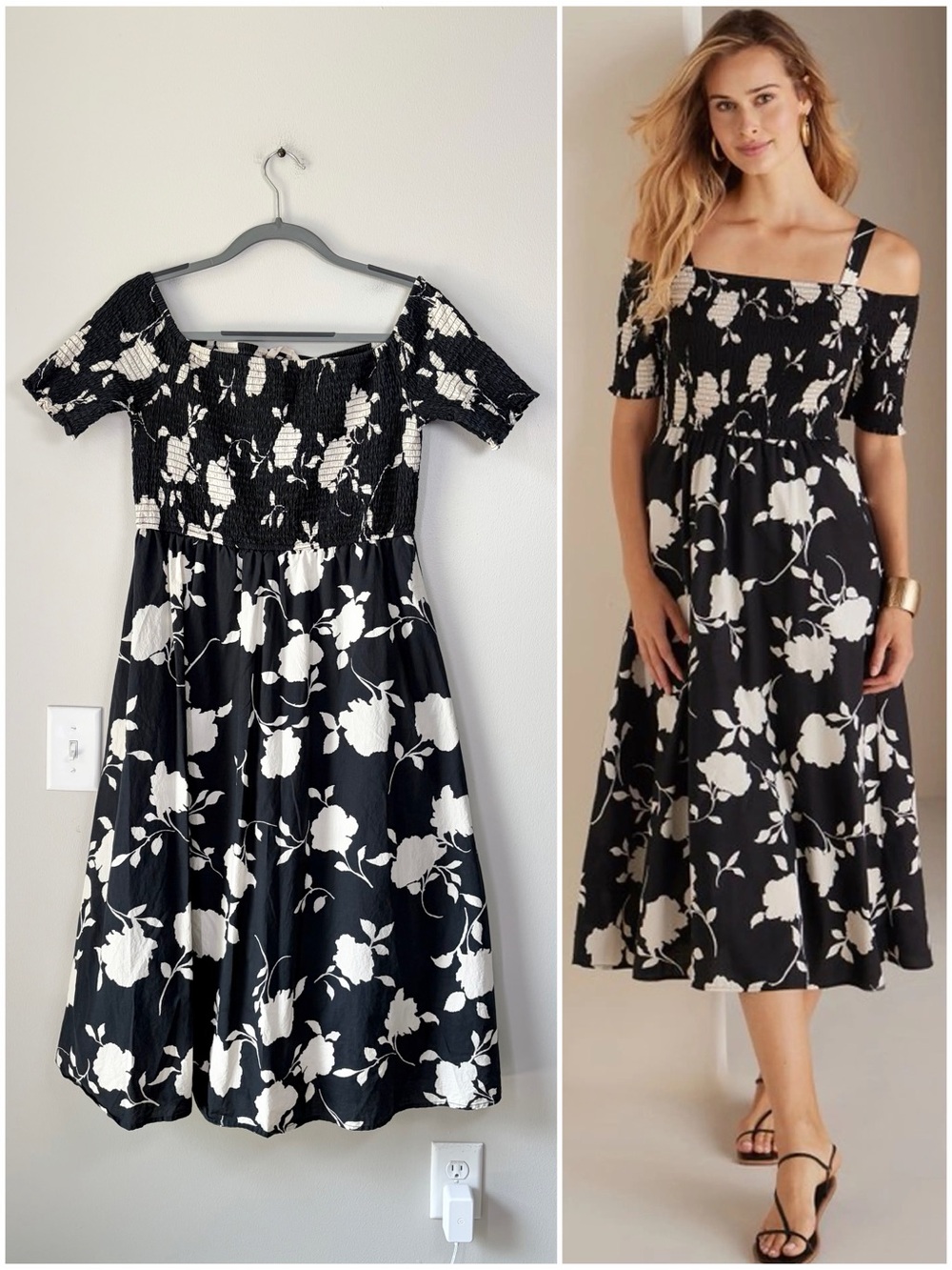 Soft Surroundings Divani Black Smocked Floral Midi Dress Botanical Cottagecore